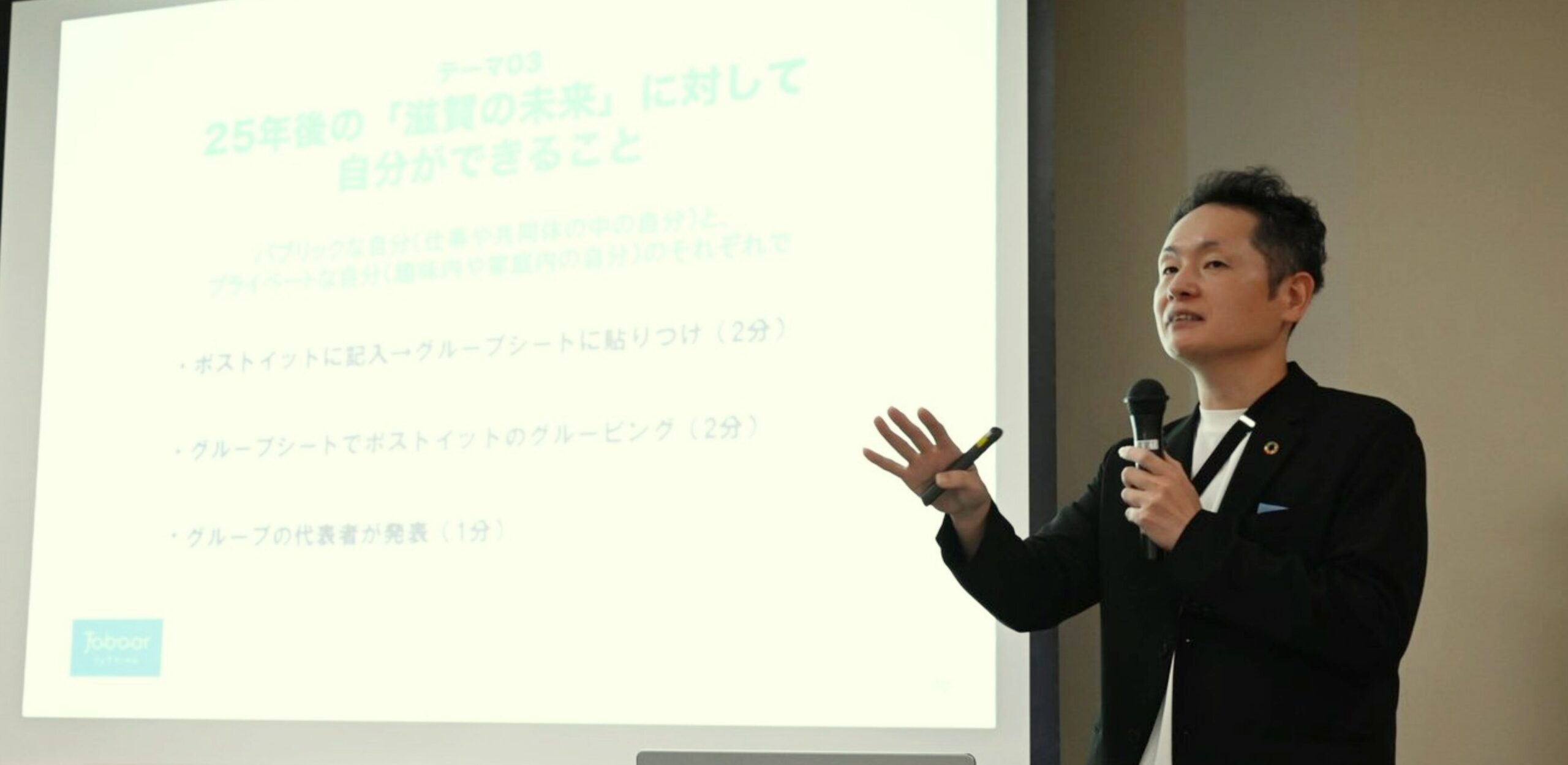 脱炭素カードゲーム開催数日本No.1ファシリテーター・福永順が企業研修にて登壇している様子