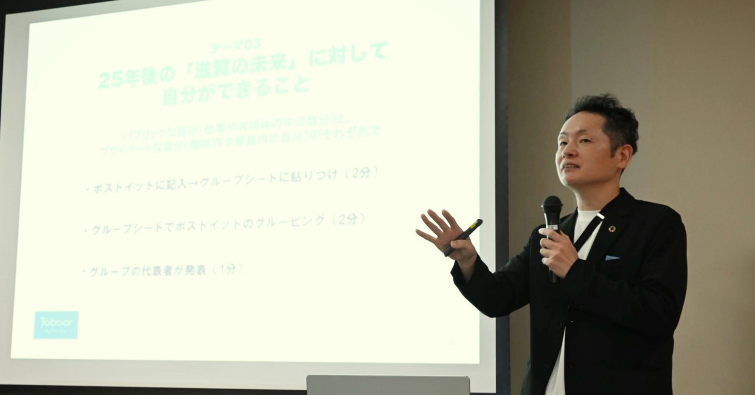 脱炭素カードゲーム開催数日本No.1ファシリテーター・福永順が企業研修にて登壇している様子