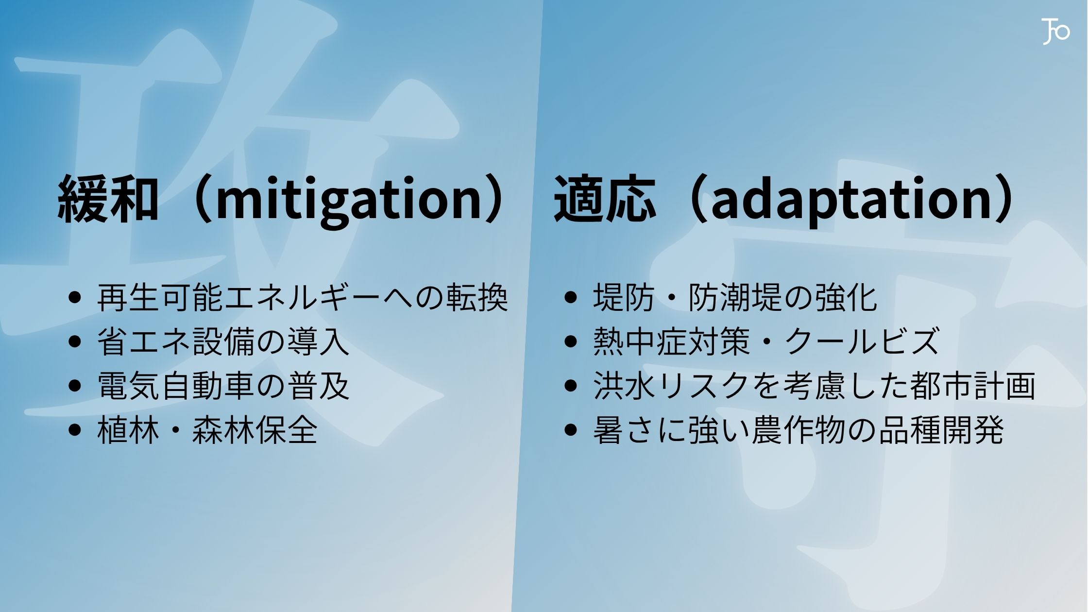 気候変動対策の緩和（攻め）と適応（守り）の具体例を示した対比図