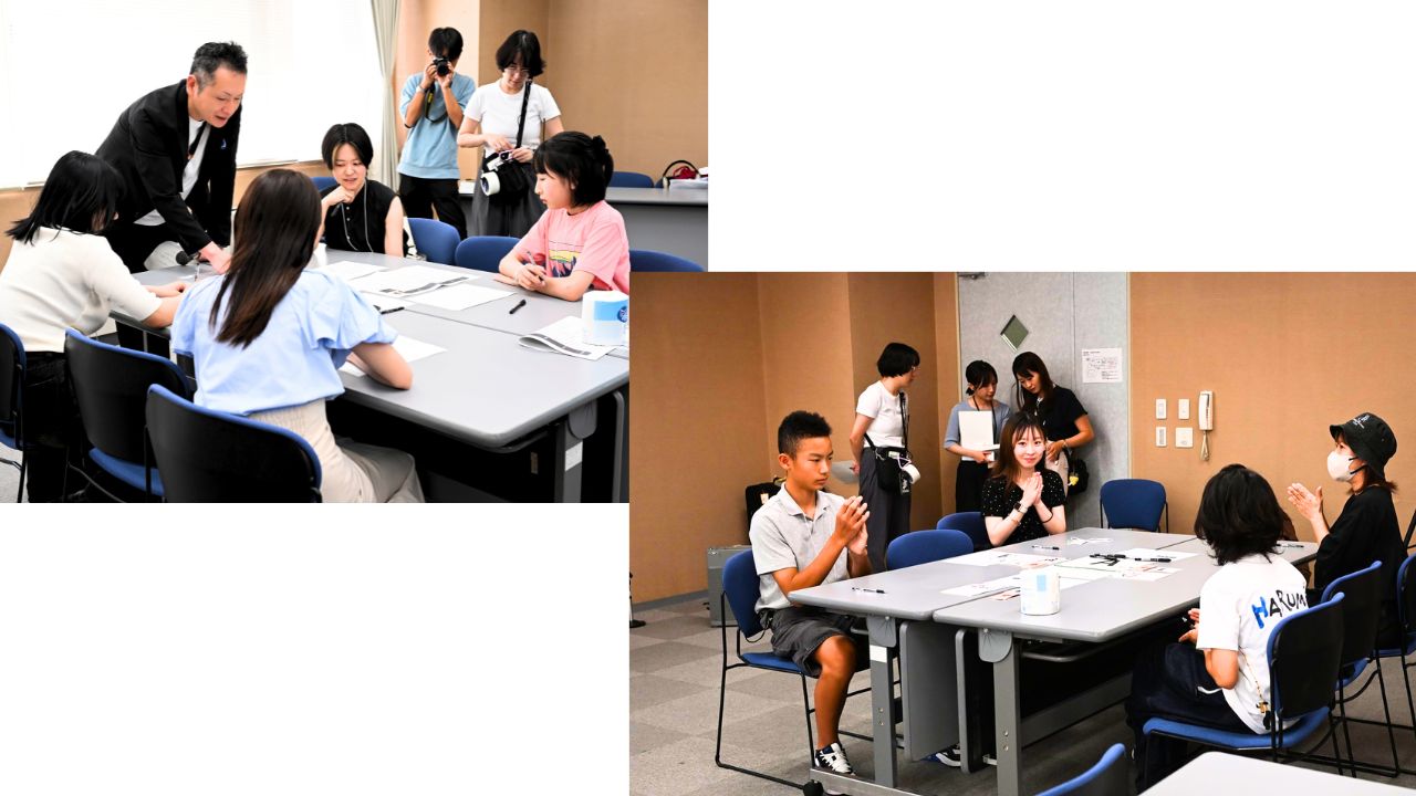 脱炭素カードゲームで参加者が議論する様子 ファシリテーターが進行する大津市タウンミーティングのワークショップ風景